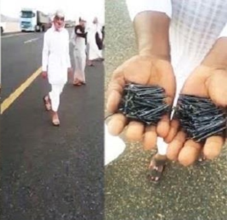 بالفيديو .. مسامير تفجر الإطارات على أحد الطرق