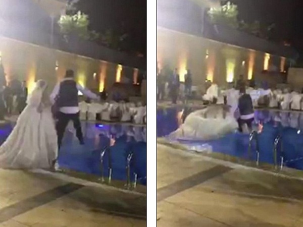 شاهد حفل زفاف كاد يتحول إلى مأساة بسبب وزن فستان الزفاف