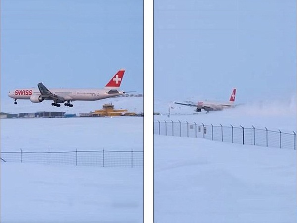 شاهد هبوط طائرة اضطراريًا في مدرج مغطى بالثلوج