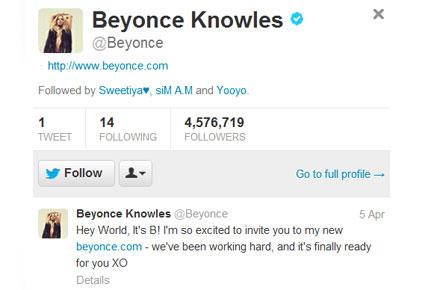 الأربعة ملايين متابع لبيونسي عبر تويتر يتلقون التغريدة الأولى
